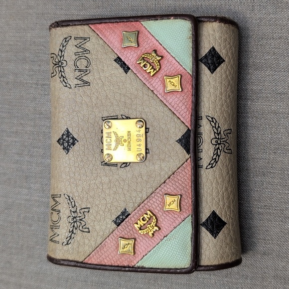 Authentic MCM Visetos Trifold Beige and Pink Leather Wallet with COA - Picture 1 of 11